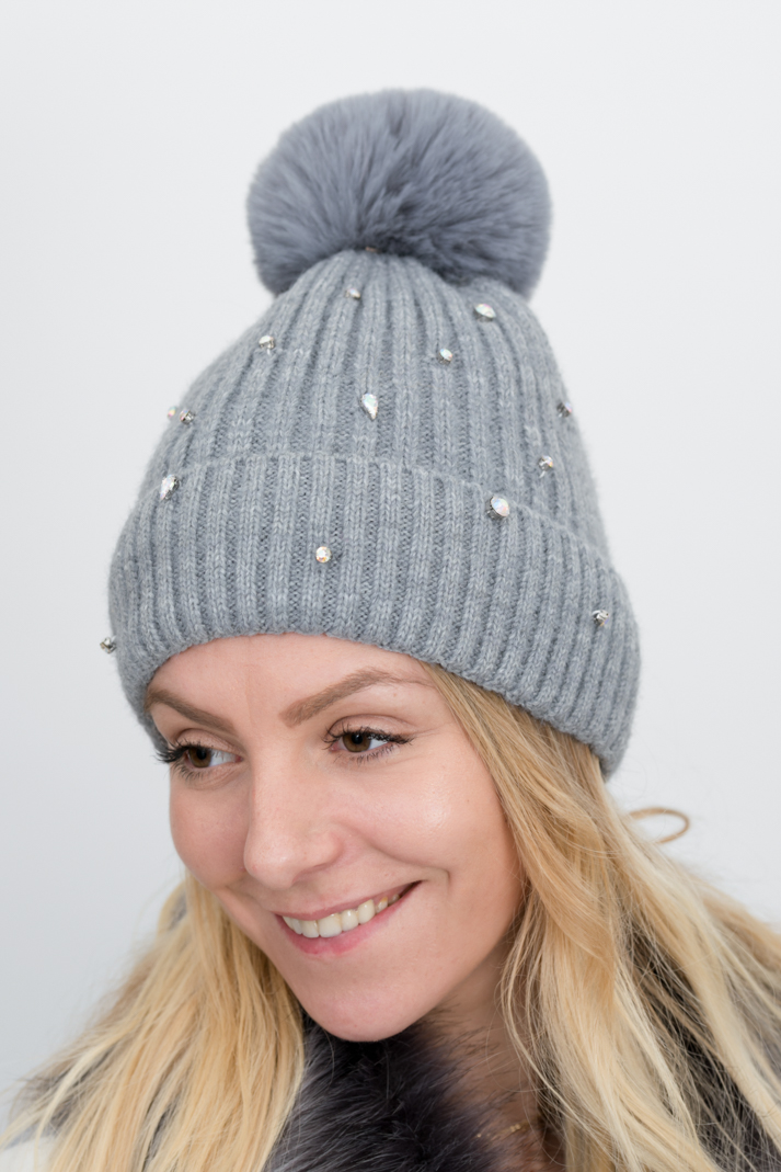 bonnet pompon strass gris - Bonnet Pompon Strass gris par