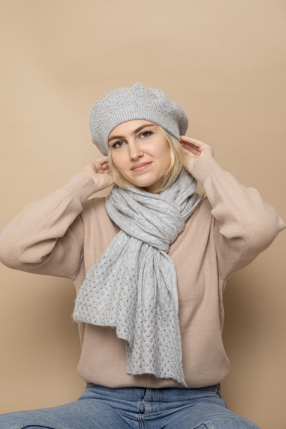 Ensemble gris chiné bonnet écharpe femme - DistriCenter